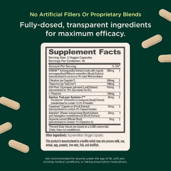 Genius Fat Burner &ndash; Thermogenic Weight Loss & Metabolism Support, Appetite Suppressant &ndash; 60 Caffeine-Free Veggie Pills image {1}