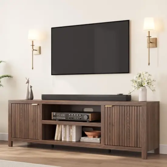 Garvee 70" TV Stand Entertainment Center with Storage, Fluted Door and Gold Handle, Wooden Media Console Cabinet for Living Room, Bedroom image {7}