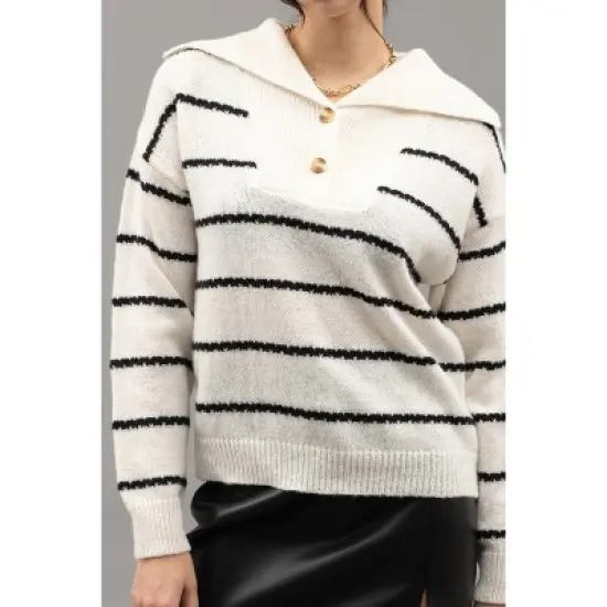 August Sky Women's Nautical Breton Stripe Shawl Collar Sweater image {2}