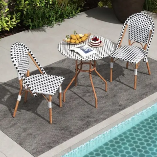 Tangkula 3 Piece French Bistro Table Chair Set Outdoor Wicker Round Table & 2 Dining Chairs image {10}