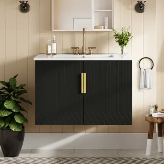Merax Modern Vintage Wall-Mounted Bathroom Vanity with Ceramic Sink image {8}