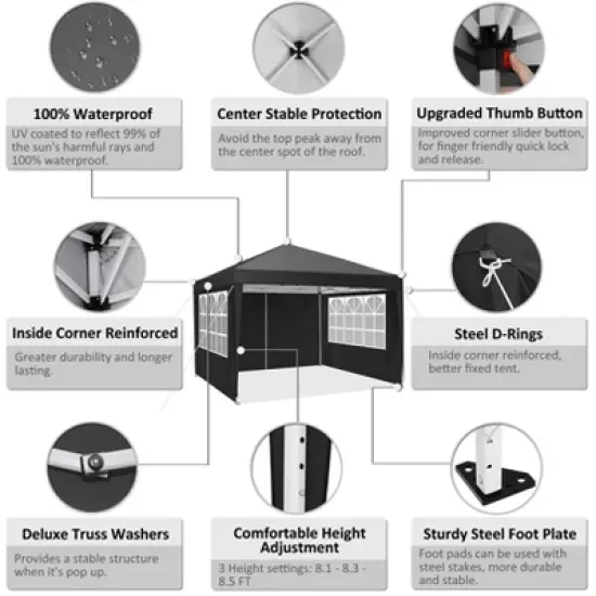 SKONYON 10' x10' Canopy Tent Instant Pop-Up Canopy with 4 Sidewalls for Patio Backyard Garden Party Black image {6}