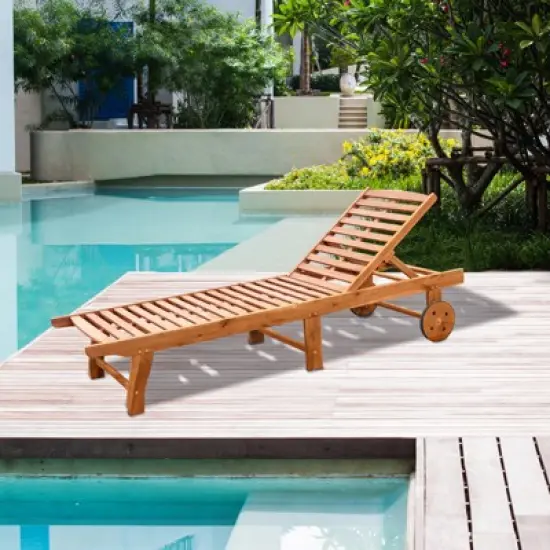 Outsunny Outdoor Folding Chaise Lounge Chair Recliner with Wheels, Acacia Wood Frame - Teak Color image {2}