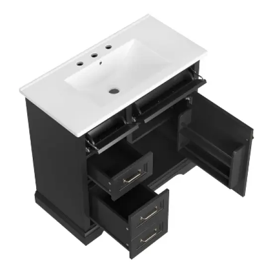Whisen 36" Bathroom Vanity with Ceramic Sink Top, 4 Drawers & Soft-Close Door, Freestanding Cabinet with Metal Handles, 8" Faucet Holes image {11}