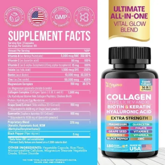 Zoyava Collagen Pills Peptides Types I, II, III, V & X 64,000 MCG, All in One Supplement, 180 ct image {1}