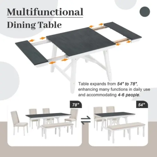 6 PCS Classic Wood Extendable Dining Table Set, Rectangular Table with 4 Upholstered Chairs & Bench, Gray+White-ModernLuxe image {5}