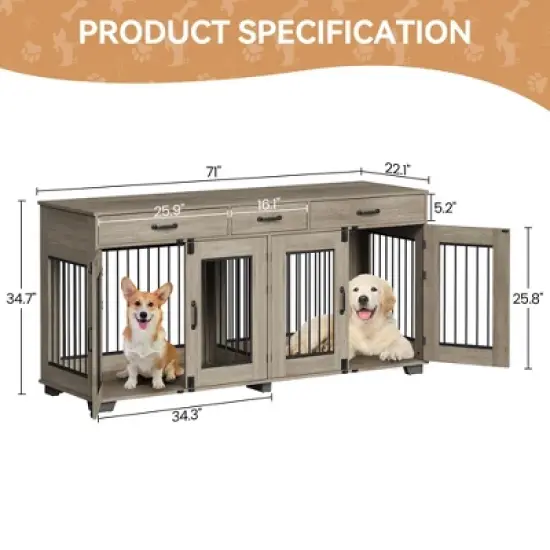 71" Large Dog Crate for 2 Dogs, Double Dog Cage Furniture with 3 Drawers for Ample Storage Space image {1}