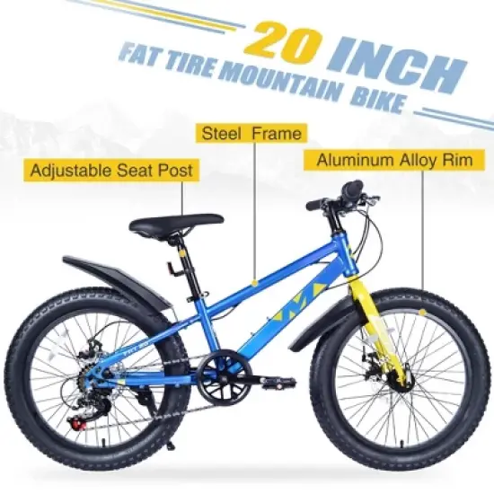NAYSAYE Bicycle 20 Inch Fat Tire Mountain Bike 7 Speed for Boys and Girls for Beach and Snow, 55.12"*22.83"*32.68" image {2}