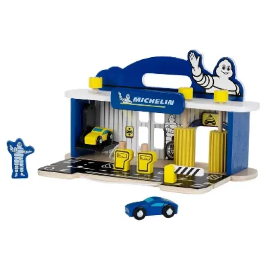 Theo Klein Michelin Car Service Station Kids Wooden Toy Playset with 2 Cars, 2 Fuel Pumps, and Car Wash Station for Ages 3 and Up image {1}