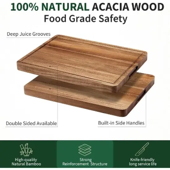 20x15 Inch Acacia and Bamboo Wood Cutting Board, Cheese and Charcuterie Board for Kitchen Use, Built-In Side Handles, Juice Grooves: image {3}