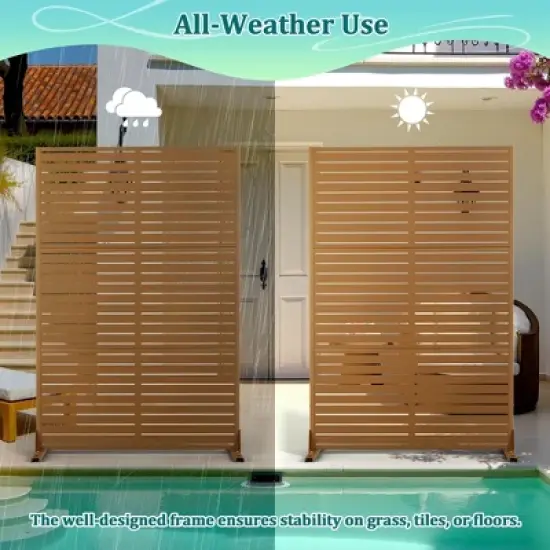 TOAOTBNBO Metal Privacy Screen with Stand, Decorative Privacy Fence Panels with Louver Pattern, Outdoor Privacy Screen for Balcony, Brown image {3}