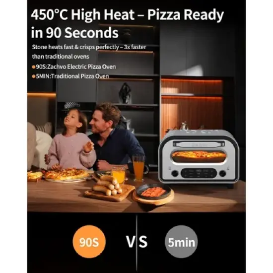 ZACHVO 1700W Electric Pizza Oven, 842&deg;F Max, 90-Second Pizza, 12.6 Inches Stone, 5 Presets, 1700W, Silver image {1}