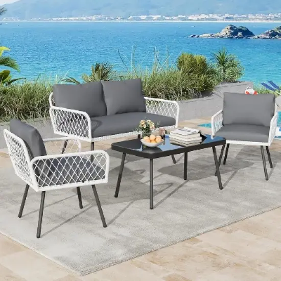 Acekool 3-Piece Patio Furniture Set with 2 PE Wicker Chairs & Loveseat, Glass Top Coffee Table, Outdoor Seating with Cushions for Balcony & Garden image {7}