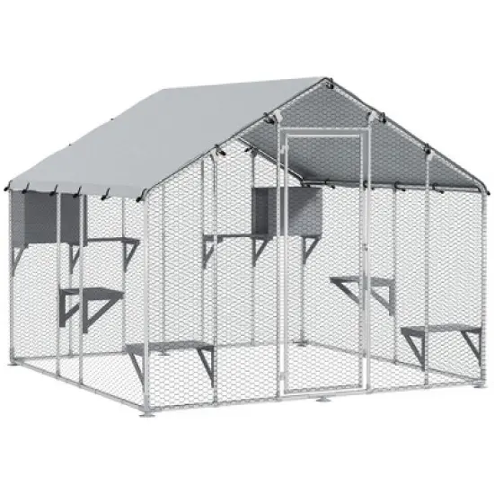 PawHut Catio Outdoor Cat Enclosure, 94.5" Extra Large Walk-in Cat House with Waterproof Cover, 2 Resting Boxes, 7 Jumping Platforms, for 5 Kittens image {6}