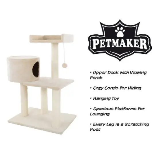 3-Tier Cat Tower - 2 Napping Perches, Cat Condo, 4 Sisal Rope Scratching Posts, Hanging Toy &ndash; Cat Tree for Indoor Cats and by PETMAKER (Beige) image {2}