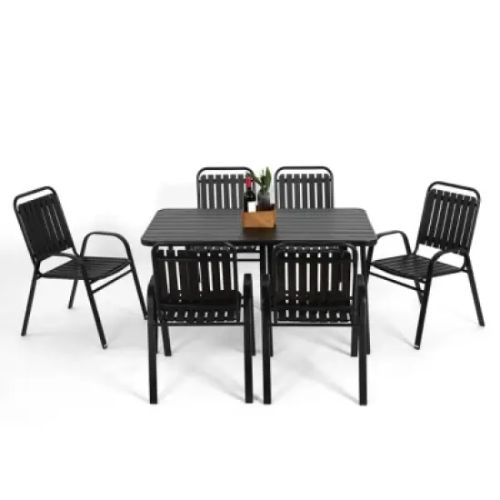 7 Piece Dining Set Patio, Plastic Chair And Steel Table Outdoor Dining Set For 6, Patio Dining Sets With Plastic Chairs And Table Set-Cuddlewood image {2}