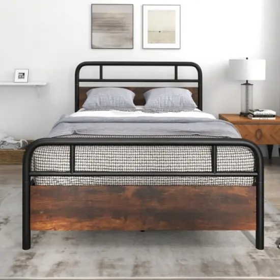 Costway Metal Platform Bed Frame Industrial Headboard Mattress Foundation image {3}