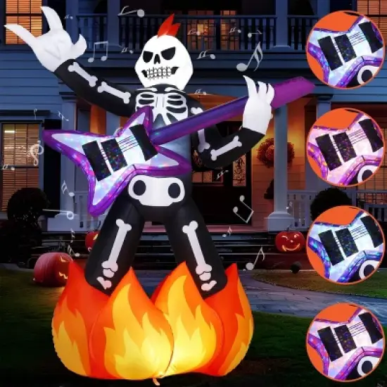 Joyfy 6 FT Halloween Inflatable Outdoor Decoration, Skeleton Plays Guitar Inflatable with Music and LED Lights for Halloween Yard Garden Lawn Decor image {4}
