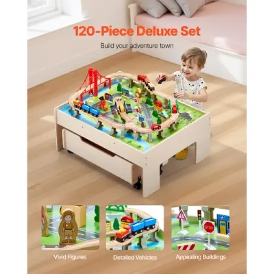 VEVOR Train Table, 100 Multicolor Pieces Wooden Kids Activity Table with Rolling Drawer, 3-in-1 Wooden Train Set for Kids Ages 3+, Multicolor image {3}