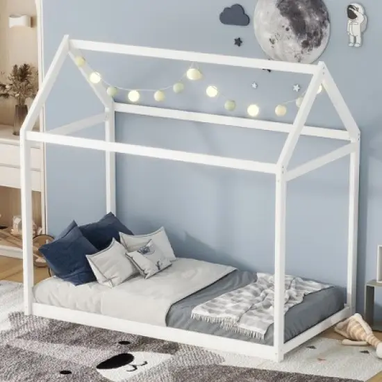 Okak Twin House-Shaped Roof Wooden Bed Frame,Modern Floor Bed for Toddlers/Kids Bedroom image {6}