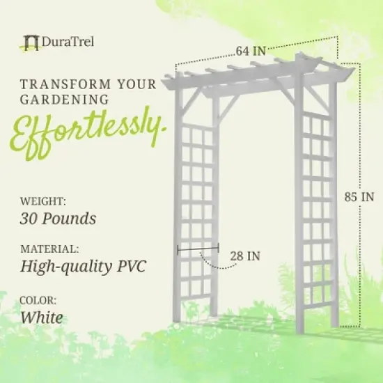 Dura-Trel Providence Arbor, 64 by 85 Inch PVC Patio Garden Arch, Outdoor Lattice Frame Decoration or Trellis for Climbing Plants, White image {2}