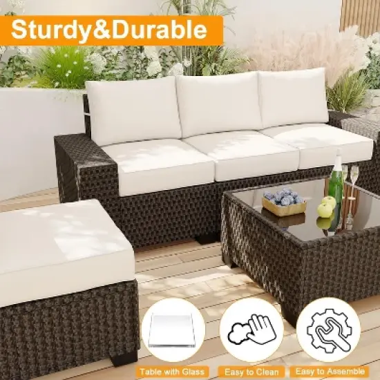 6 Pieces Outdoor Patio Furniture Set, Wicker Furniture Set, Patio Sectional Furniture Set with 5 Seat Cushions and 1 Glass Coffee Table image {6}