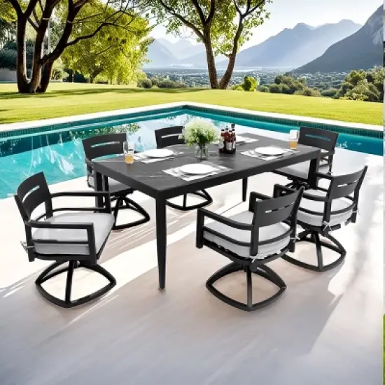 7-Piece Outdoor Dining Set, 6 Swivel Rockers and Marble-Look Sintered Stone Top Dining Table, Aluminum Chairs with Foam Cushions-Coolbibila image {7}