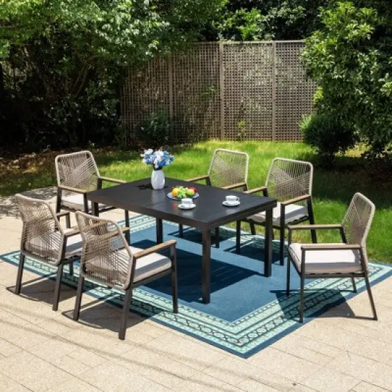 Captiva Designs 7pc Patio Expandable Steel Dining Table and Fixed Wicker Chairs with Thick Cushions image {8}