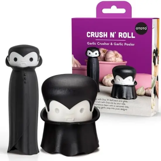 Ototo 2pc Crush N&rsquo; Roll Garlic Crusher and Peeler Silicone and Plastic Kitchen Tool Black/ White image {1}