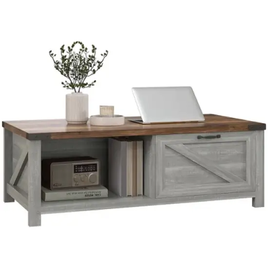 HOMCOM Farmhouse Coffee Table with Storage Drawer and Open Shelf, Rustic Coffee Table for Living Room image {6}