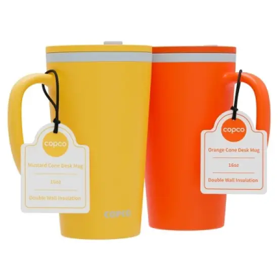Copco Cone Desk Mug, 16 Ounce (Set of 2) - Double Wall Insulated Mug Set with Lid and Handle, Microwave & Dishwasher Safe, BPA-Free (Orange/Mustard) image {7}