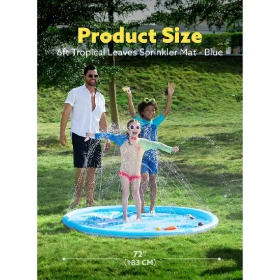 Joyfy 6ft Tropical Leaves Splash Pad for Kids, Non-Slip Outdoor Water Sprinkler Mat, Summer Fun Backyard Fountain Pool Water Games Spray Mat image {5}