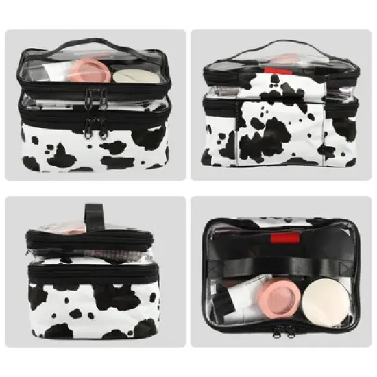 Unique Bargains Black White Double Layer Makeup Bag Cosmetic Travel Bag Case Large Makeup Bag Make Up Organizer Bag for Women Cows Texture 1 Pc image {3}