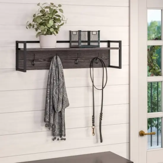 Afton 4 Hook Metal Frame Wall Shelf Woodgrain - RiverRidge Home image {1}