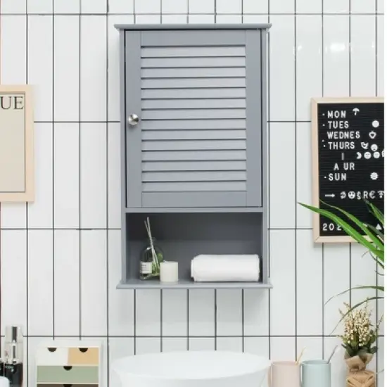Costway Bathroom Wall Mount Storage Cabinet Single Door w/Height Adjustable Shelf Grey image {2}