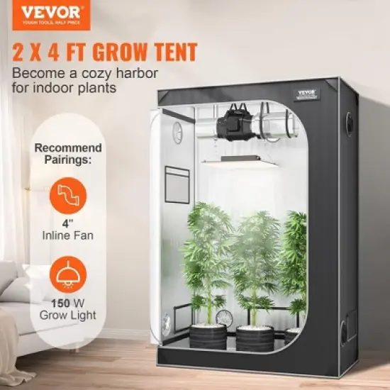 VEVOR Grow Tent, High Reflective 2000D Hydroponic Indoor Plant Growing System with Observation Window, Tool Bag, Floor Tray, 4x2&rsquo;, Black/Gray image {2}