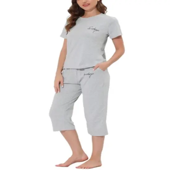 cheibear Womens Sleepwear Pajama Set Round Neck Nightwear Lounge Pjs with Capri Pants image {1}
