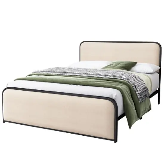 Okak Modern Platform Bed Frame with Curved Upholstered Headboard and Footboard Metal Slats Storage Bed Easy Assembly, Beige image {2}
