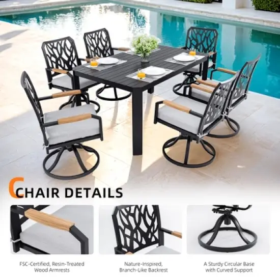 UNISOAR 7-PC Outdoor Patio Aluminum Furniture Set, Modern Dining Set. Rectangular Table with 6 Swivel Rockers Sunbrella Fabric Cushioned image {3}