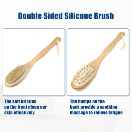 Unique Bargains Double Sided Bath Brush Wood Back Scrubber with Long Handle for Shower 14.6 Inches Brown 1 Pcs image {4}