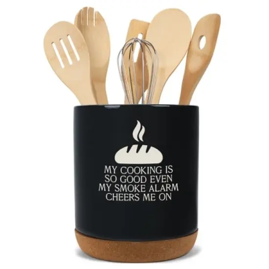 Elanze Designs My Cooking Is So Good Ceramic Cork Bottom Black Large Capacity Utensil Holder Crock for Countertop Storage, Stylish & Durable for image {4}