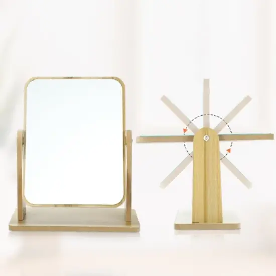 Unique Bargains Natural Wooden Rotating Makeup Mirror Beige 1 Pc image {3}