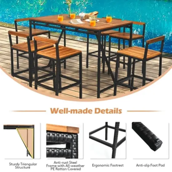 Costway 7PCS Patio Rattan Bar Set Acacia Wood Frame Stools Table Umbrella Hole image {7}