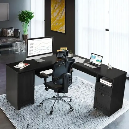 Costway L-Shaped Corner Computer Desk Writing Table Study Workstation w/ Drawers Storage Black image {4}