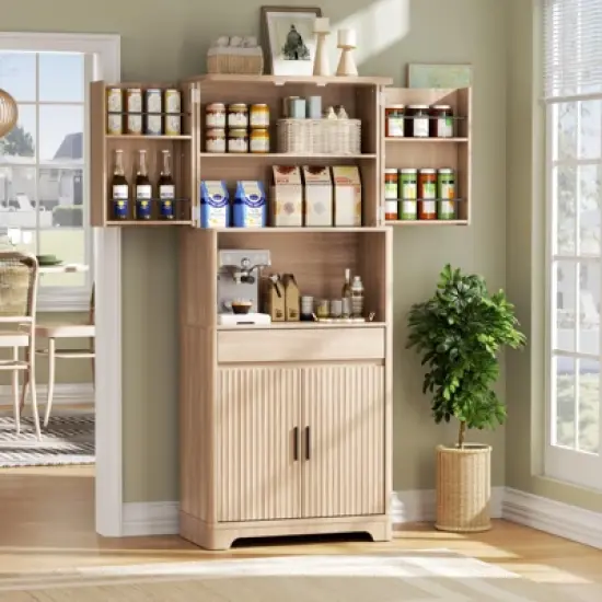 70.1" Tall Fluted Pantry Cabinet, Kitchen Storage Cupboard with Countertop for Microwave, Natural Wood image {2}