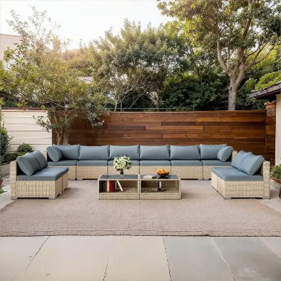 GDFStudio Hilary Outdoor 10-Seater Rattan and Metal Upholstered&nbsp;Sectional Sofa Set with Coffee Table image {8}