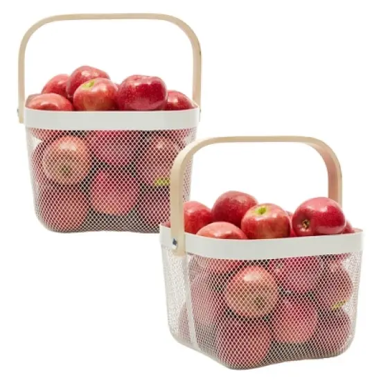 Juvale 4 Pack Square Mesh Fruit Basket with Wooden Handle for Pantry Kitchen Food Storage Organization, White, 9.4 x 6.9 in image {3}