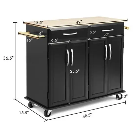 Costway Rolling Kitchen Trolley Island Black Cart Wood Top Storage Cabinet Utility W/ Drawers image {2}