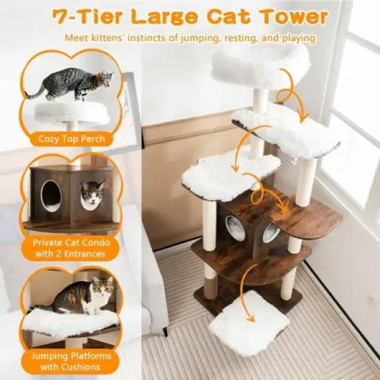 Costway Wooden Cat Tree 71'' 7-Layer Cat Tower with Sisal Scratching Posts Perch & Cushions Brown/Natural image {6}