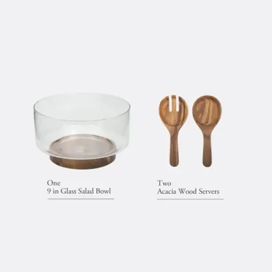 Gibson Elite Wildgreens Large Glass Salad Bowl Set with Acacia Serving Utensils image {7}